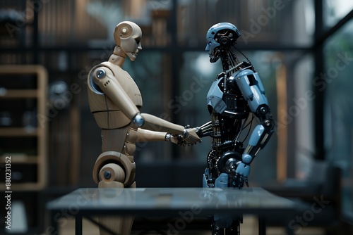 A wooden mannequin and blue grey metal robot stand on a black table, facing each other and shaking hands against a dark background. The minimalistic interior design of a modern home office features a 