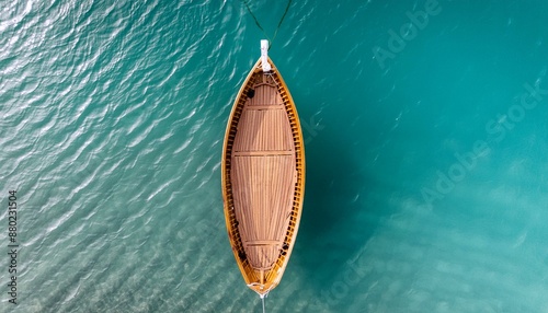 Serene morning paddle in a wooden canoe on a calm lake, with mist rising from the water and distant mountains shrouded in fog. Creates a tranquil wilderness landscape.