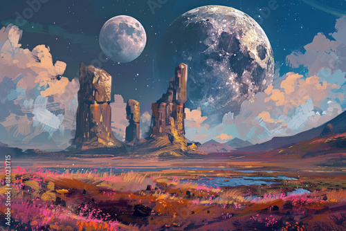 An alien landscape with three moons 