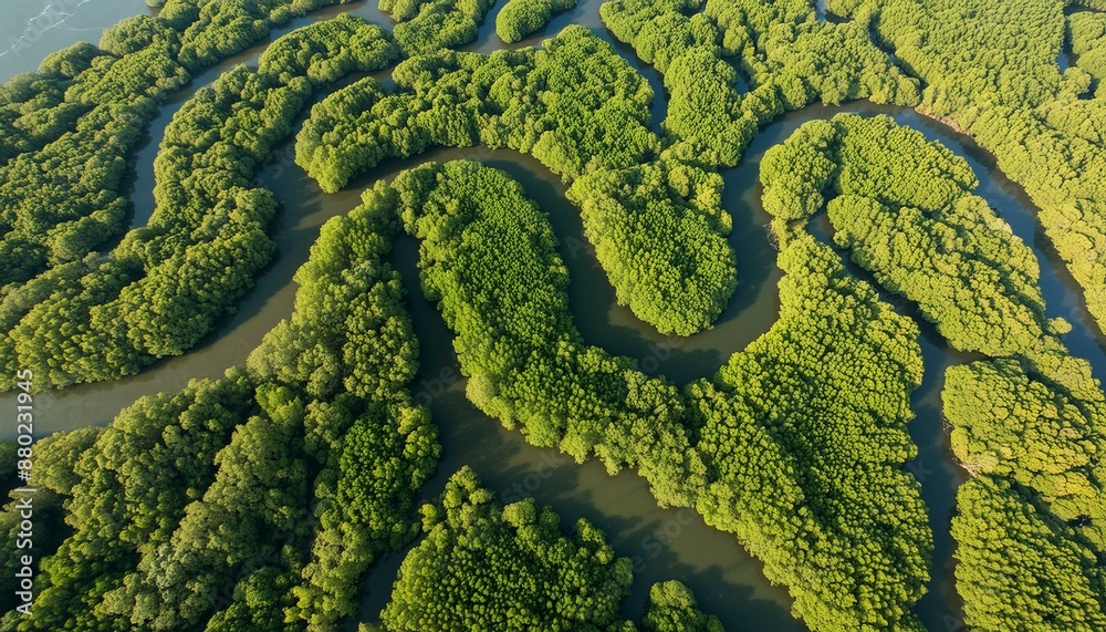Panoramic aerial image of a pristine river flowing amidst a vibrant green forest. Panoramic aerial image of a pristine river flowing amidst a vibrant green forest.