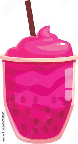 Pink bubble tea topped with whipped cream and a straw is waiting to quench your thirst