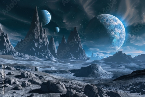 An alien landscape with three moons 