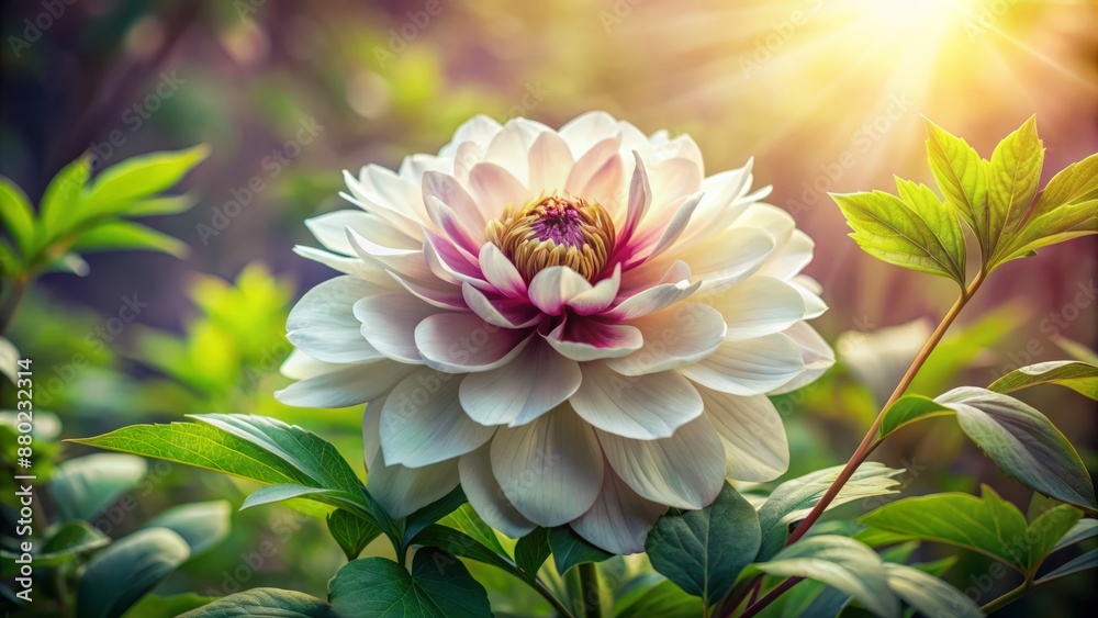 Obraz premium Delicate white petals unfold from burgundy center, surrounded by lush green leaves, set against soft, dreamy, watercolor background.