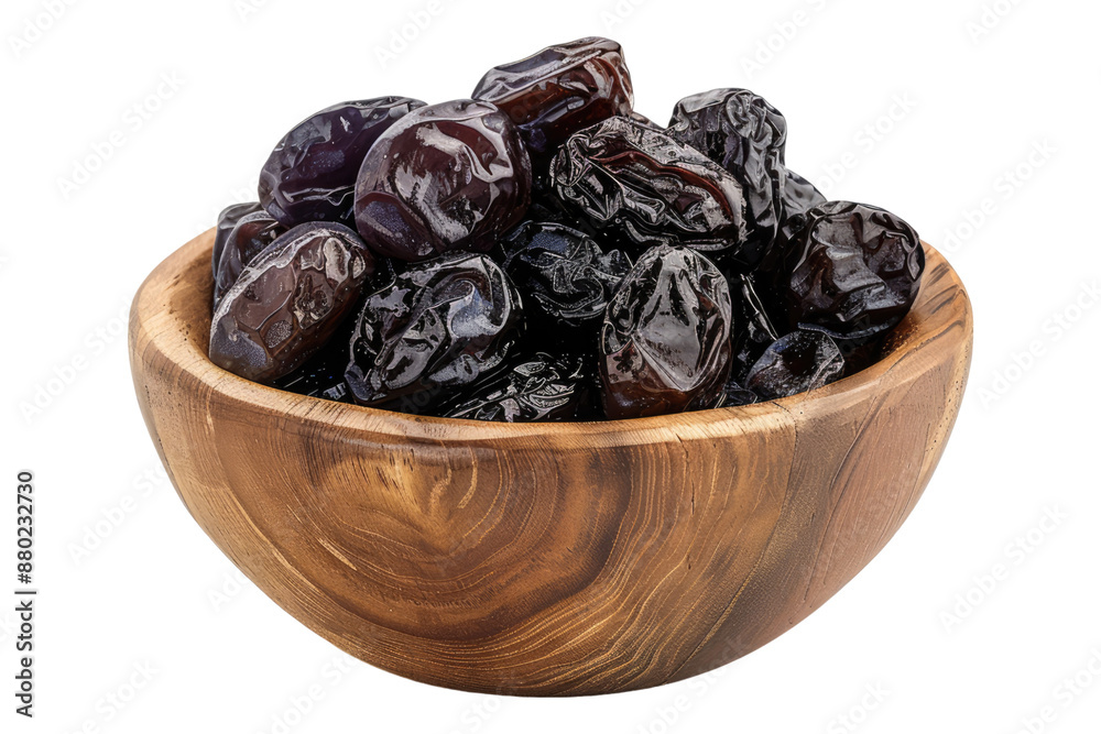Prunes in a wooden bowl isolated on transparent background Prunes in a wooden bowl isolated on transparent background