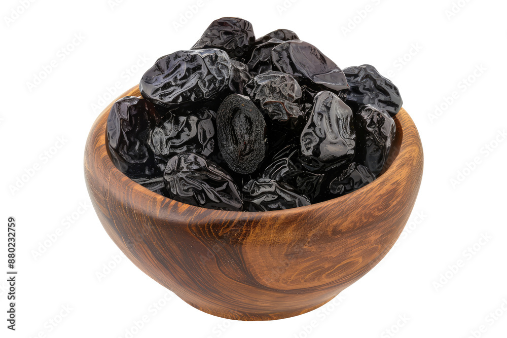 Prunes in a wooden bowl isolated on transparent background