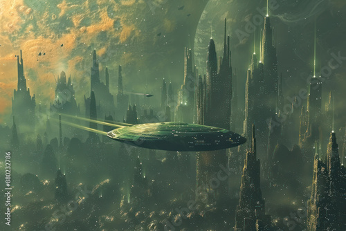 A spaceship flying over an alien city 