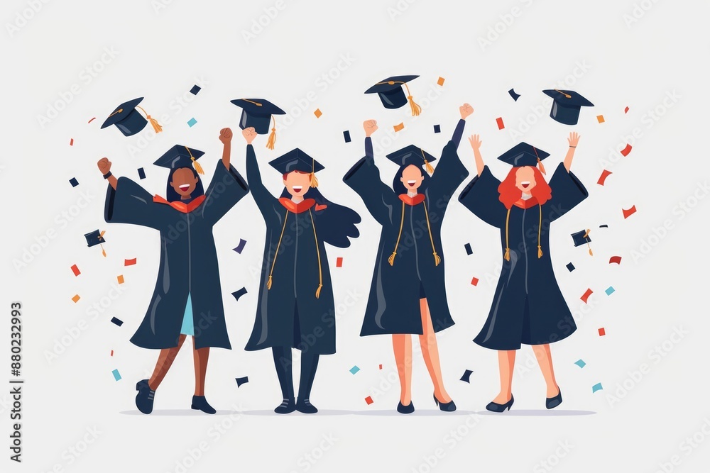 A group of graduates celebrating their graduation day with caps and gowns, smiling and laughing together A group of graduates celebrating their graduation day with caps and gowns, smiling and laughing together