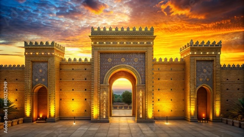 Golden twilight illuminates ancient Babylon's entrance, majestic gates and sprawling temples bathed in warm light, Cyrus the Great's triumphant arrival implied.