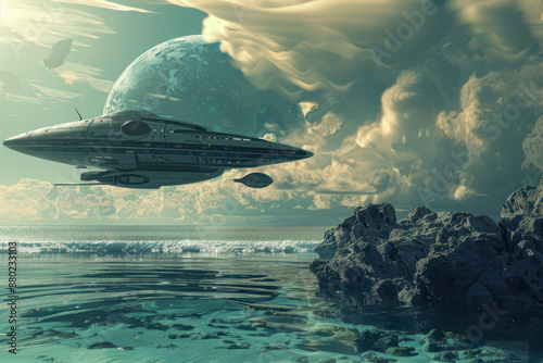 A spaceship landing on an ocean world