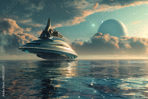 A spaceship landing on an ocean world