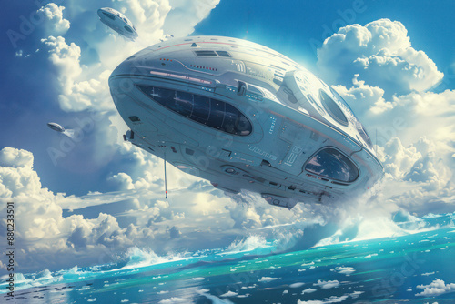 A spaceship landing on an ocean world