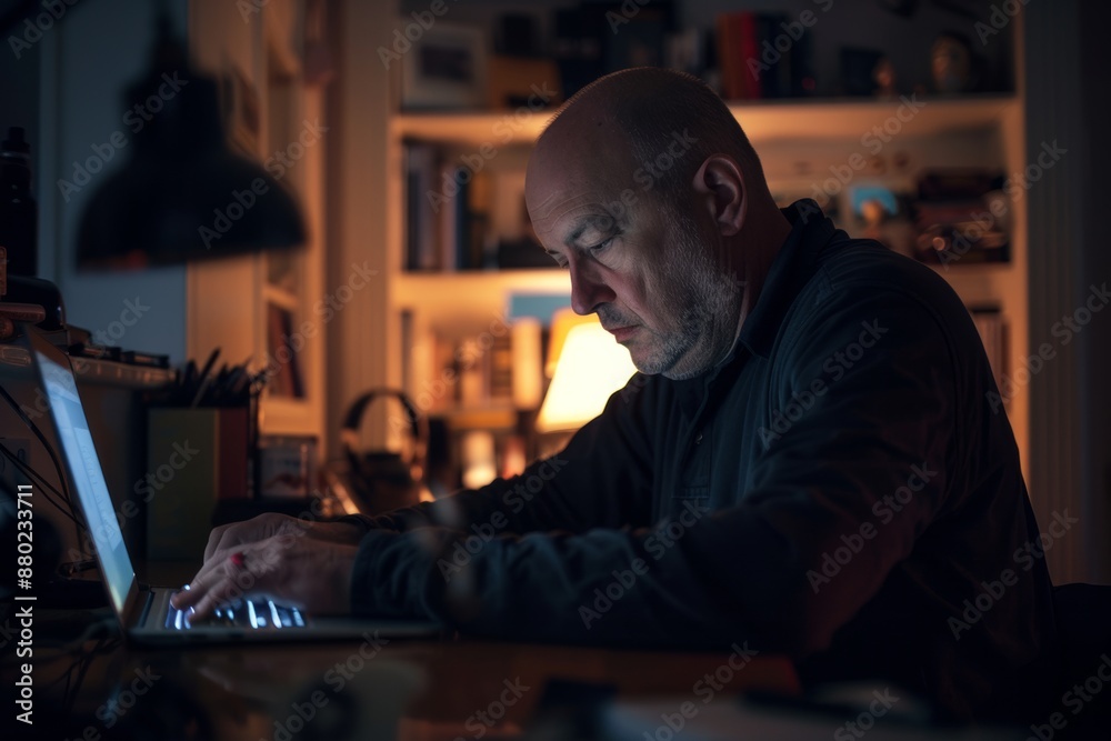 Man working late on laptop in dimly lit room with bookshelves. Man working late on laptop in dimly lit room with bookshelves.