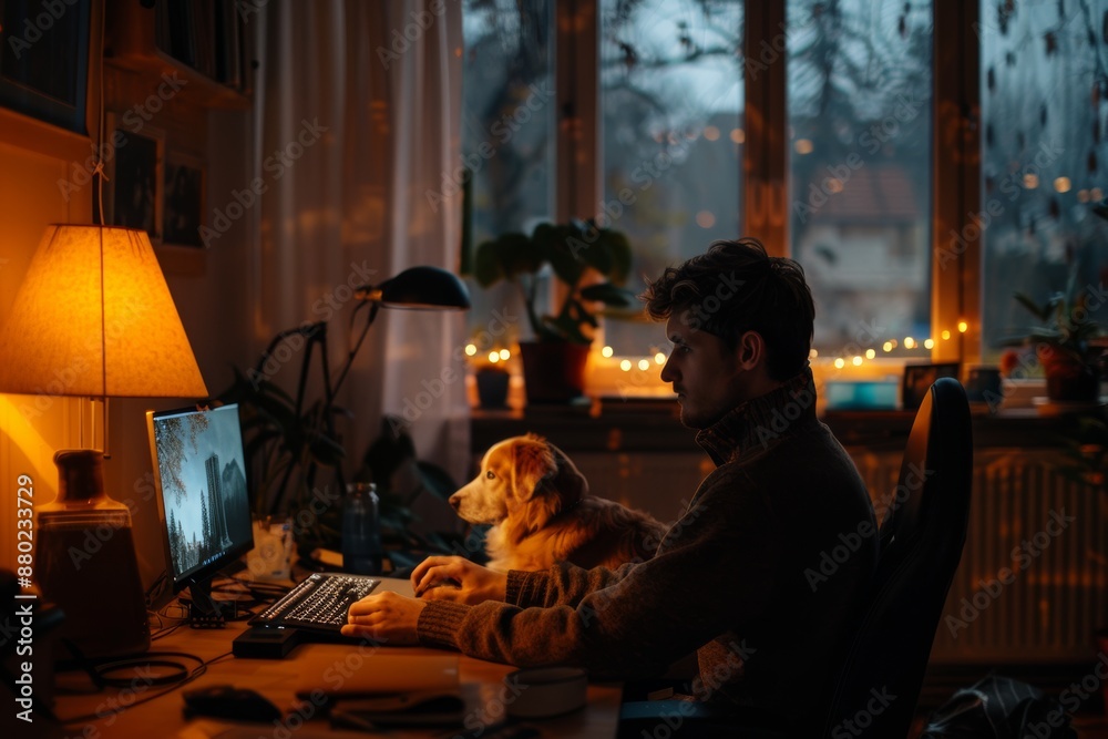 Cozy workspace with person and dog at night. Cozy workspace with person and dog at night.