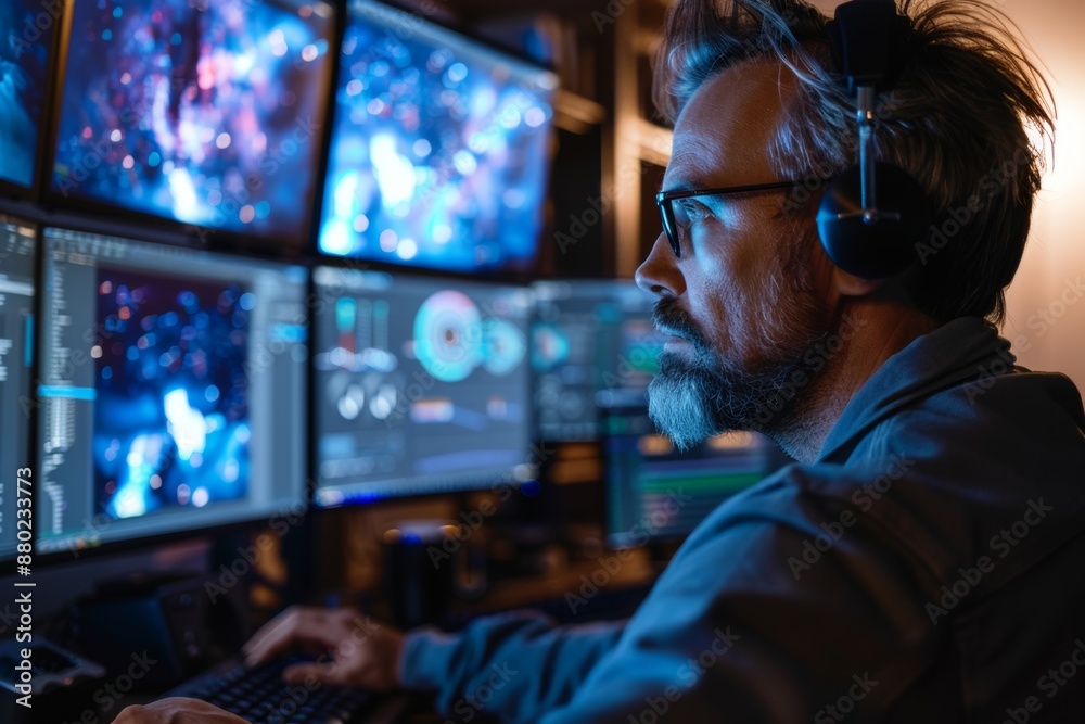 Mature male cybersecurity professional monitoring multiple screens in a dark, high-tech control room.
Mature male cybersecurity professional monitoring multiple screens in a dark, high-tech control room.