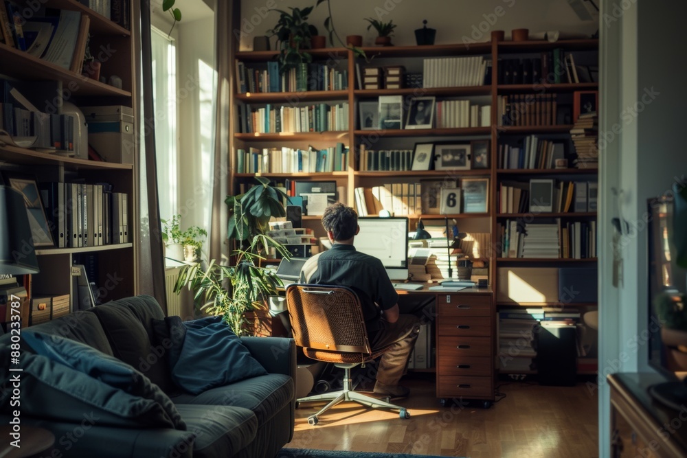 Cozy home office with bookshelves, plants, and a person working at a desk. Cozy home office with bookshelves, plants, and a person working at a desk.