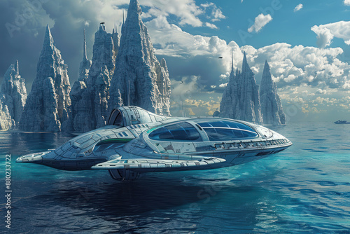 A spaceship landing on an ocean world