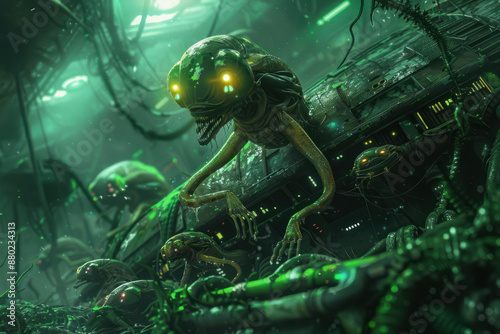 Alien creatures exploring a spaceship wreck