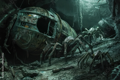 Alien creatures exploring a spaceship wreck