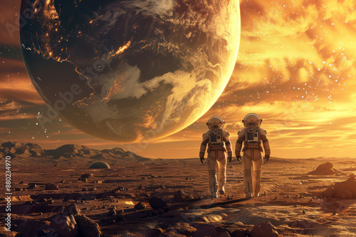 Space explorers on a mission to a distant planet 