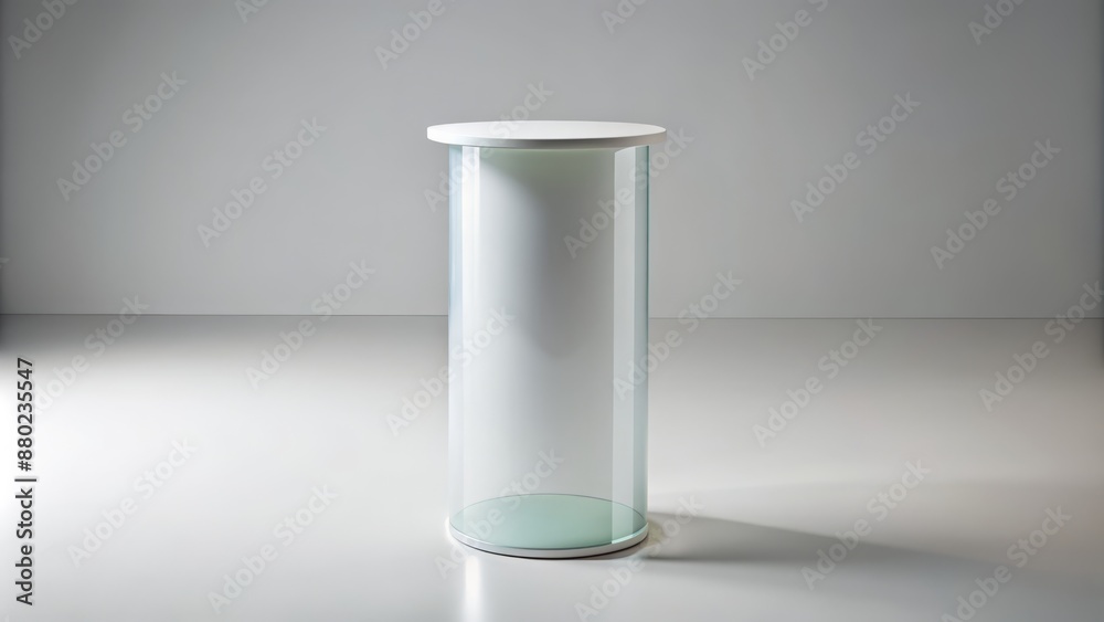 Minimalist white glass pedestal on a clean background, perfect for showcasing design products or displays in a modern setting. Minimalist white glass pedestal on a clean background, perfect for showcasing design products or displays in a modern setting.