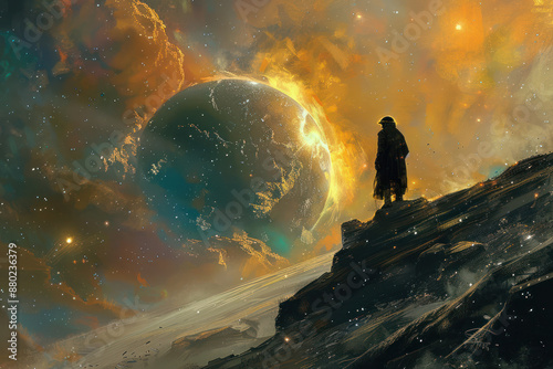 Space travelers discovering a new solar system