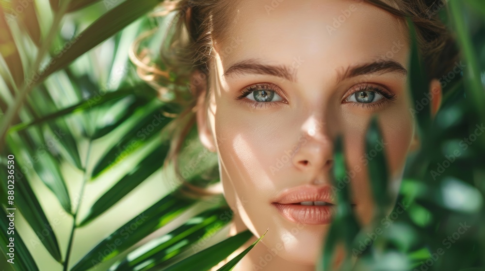 Beautiful young woman with perfectly smooth skin in tropical leaves. There are natural cosmetics and skin care products. Beautiful young woman with perfectly smooth skin in tropical leaves. There are natural cosmetics and skin care products.