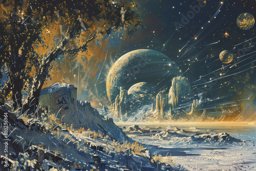 Space travelers discovering a new solar system