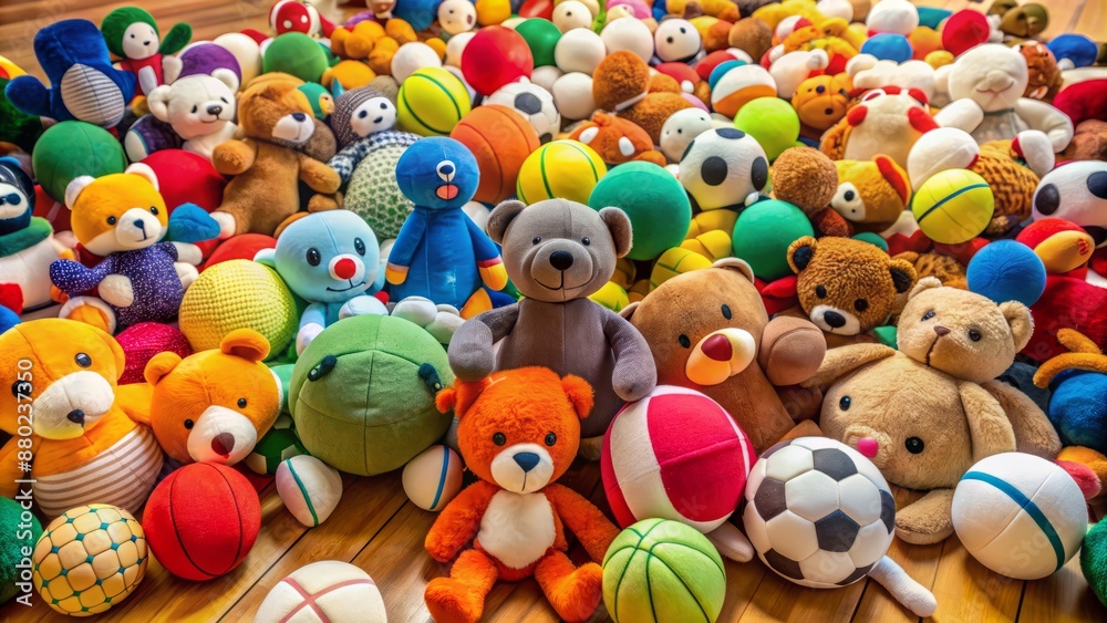 Obraz premium Colorful sports-themed plush toy scattered on the floor surrounds a vacant space, evoking a sense of playful innocence.