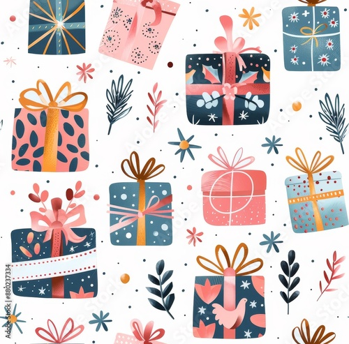 Colorful seamless pattern with festive gift boxes adorned with ribbons and bows, surrounded by floral and decorative elements