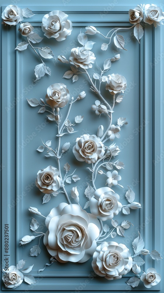High-resolution 3D blue frame with white roses and vines. Elegant floral border design. High-resolution 3D blue frame with white roses and vines. Elegant floral border design.