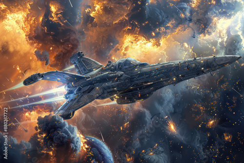 A spaceship flying through a cosmic storm