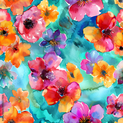 Pretty painted flowersseamless pattern turqoise background watercolor photo