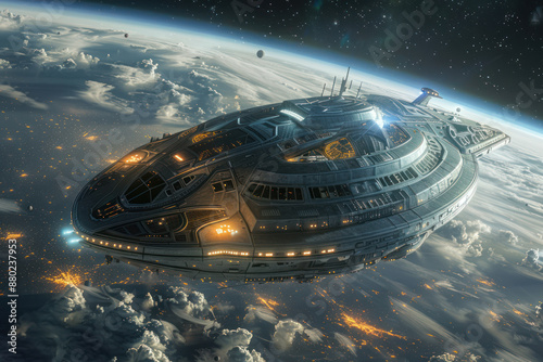An alien spaceship in orbit around Earth