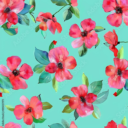 Pretty painted flowersseamless pattern turqoise background watercolor photo