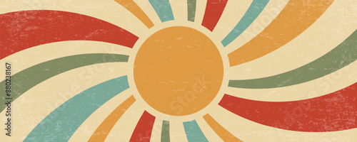 Retro sun background. Summer vector poster. Abstract vintage radial rays. 70s groovy design with grunge texture. Old style color wallpaper. Festive modern banner