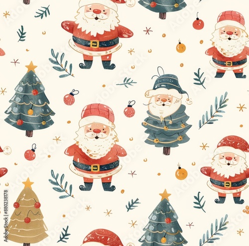 Adorable seamless pattern with cute Santa characters, Christmas trees, and festive decorations in a hand-drawn, whimsical style
