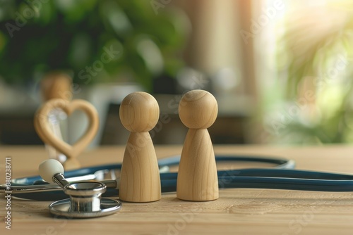 Wooden Figures and Stethoscope on Wooden Table