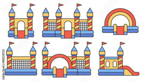 Bouncy castle color icons set. Inflatable house pictograms with slide for air trampoline park and children playground for jumping. Inflated equipment for amusement park and kids zone. Vector
