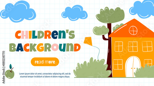 Colorful drawing with a cute house, school, or kindergarten building.