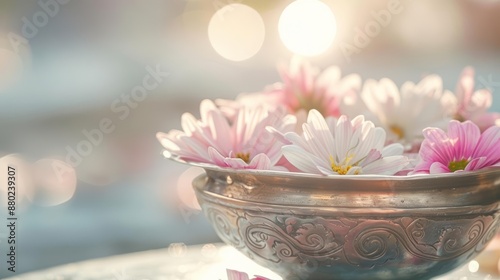 Beautiful photo of a traditional altar with fresh flower offerings, symbolizing spiritual devotion, Dhamma, Altar flowers photo