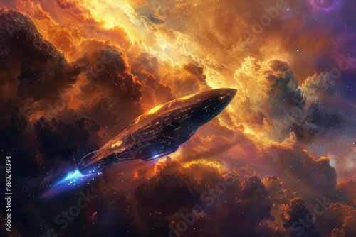 An alien spaceship in a cosmic cloud 