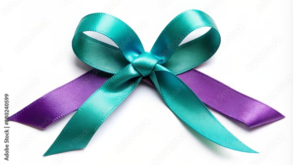 Vibrant teal and purple ribbons intertwined and tied in a gentle bow, symbolizing hope and support for suicide prevention awareness. Vibrant teal and purple ribbons intertwined and tied in a gentle bow, symbolizing hope and support for suicide prevention awareness.