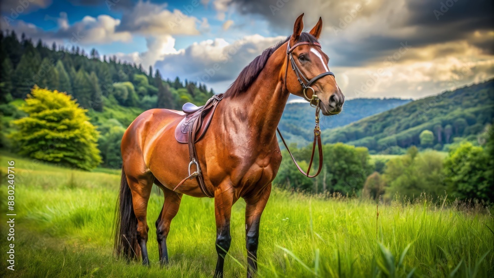 Obraz premium Majestic brown horse stands proudly in a lush green meadow wearing a intricately designed brown leather bridle and reins alone.