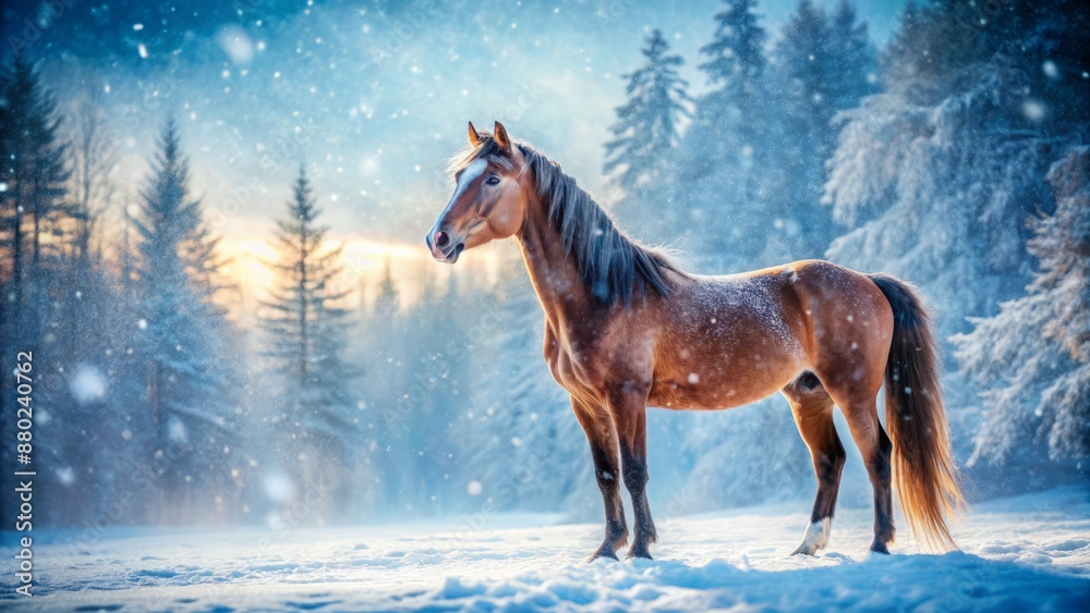 Majestic yearling horse stands alone in winter wonderland, frosty breath visible, snowflakes gently falling on its fur, serene atmosphere. Majestic yearling horse stands alone in winter wonderland, frosty breath visible, snowflakes gently falling on its fur, serene atmosphere.