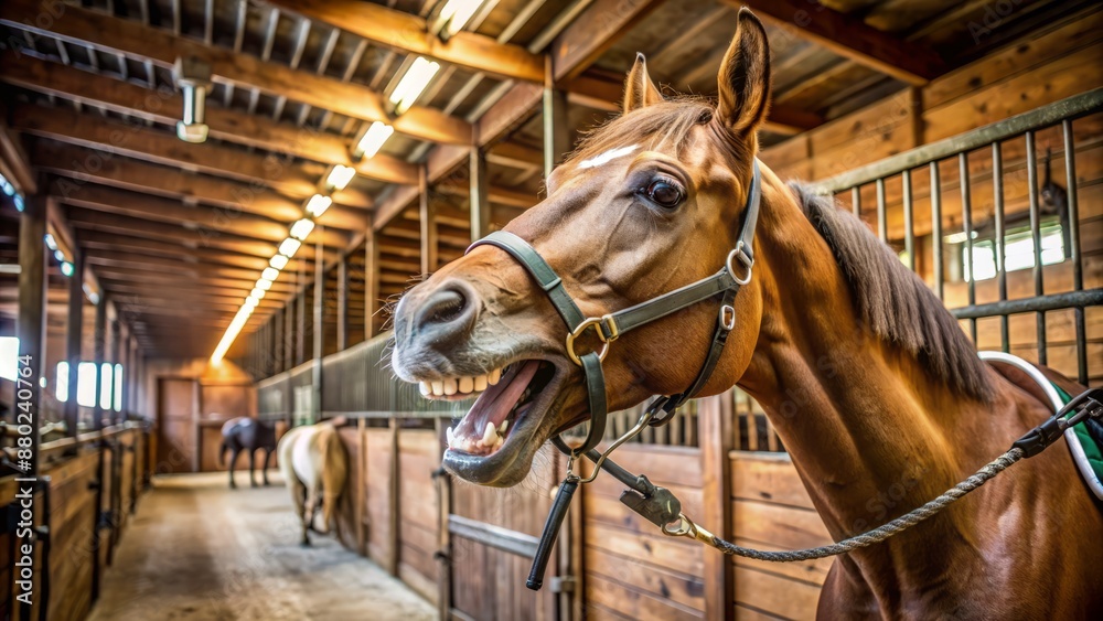 Fototapeta premium Serene horse stands calmly in a well-lit barn, open mouth revealing healthy teeth, with dental speculum and halter nearby.