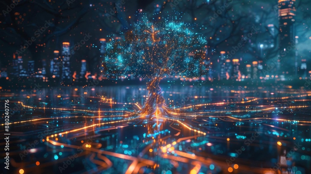 Obraz premium A cyberpunkinspired landscape where a tree of light nodes and digital circuits dominates the scene The background features a city with illuminated buildings