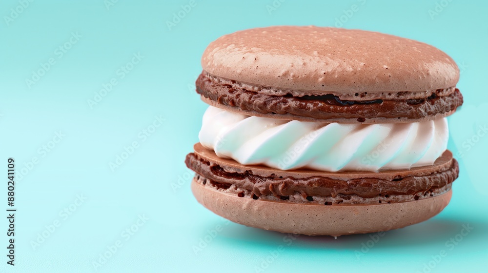 A close-up of a chocolate mint macaron with a creamy filling against a blue background. Dessert, pastry, and sweet treat concepts. A close-up of a chocolate mint macaron with a creamy filling against a blue background. Dessert, pastry, and sweet treat concepts.
