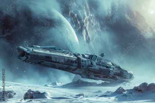 A spaceship landing on an icy planet