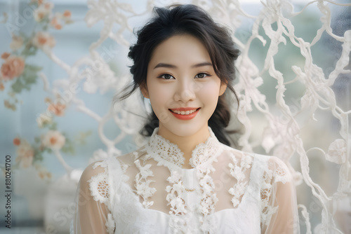 A woman in a white dress with a lace collar is smiling