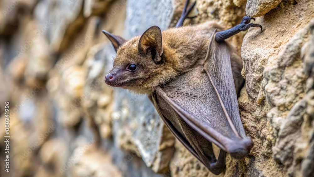 A solitary brown bat clings to a worn, gray stone wall, its wrinkled wings folded, eyes fixed in a piercing stare. A solitary brown bat clings to a worn, gray stone wall, its wrinkled wings folded, eyes fixed in a piercing stare.